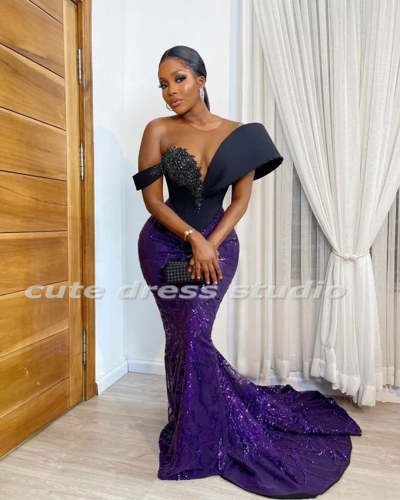 Elegant Black และสีม่วงชุดราตรี Sheer คอเลื่อม Applique Beading Aso Ebi Mermaid Prom Gowns งานแต่งงาน2022สวมใส่