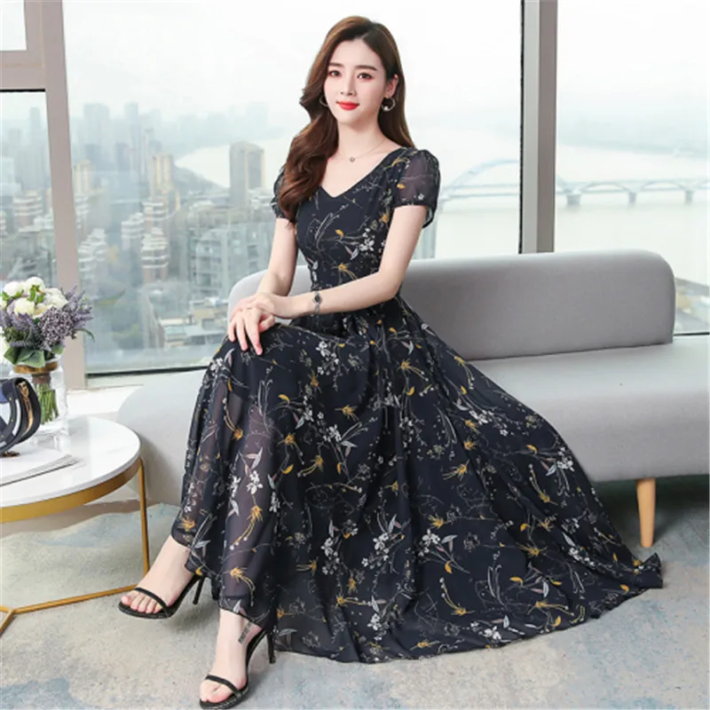 

Chiffon dress female 2020 Korean summer new temperament short-sleeved waist was thin long section big swing beach dress