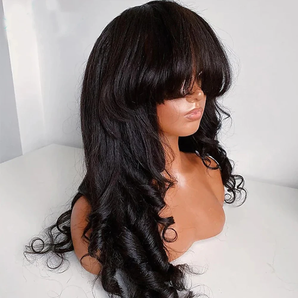 Yaki Straight Lace Front Wigs With Bangs T Part Synthetic Lace Front Fringe Wigs Heat Resistant Fiber Hair PrePlucked Hairline