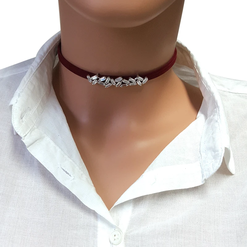 Art Deco Choker for Women Baquette Silver Choker Red Velvet Choker for Woman Made in TURKEY