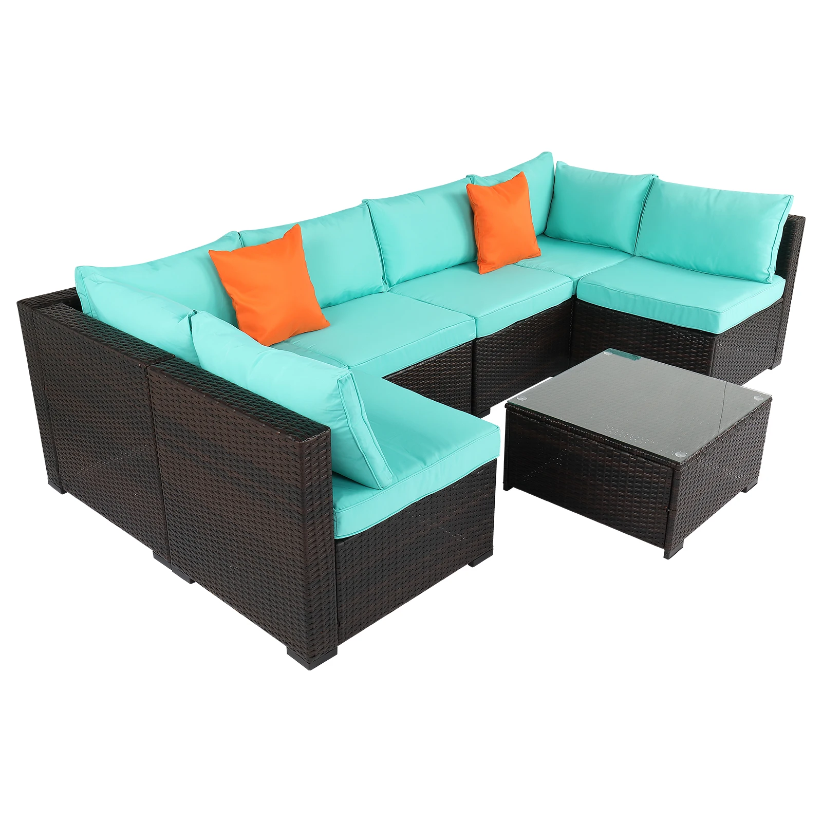 7 Piece Outdoor Terrace Patio Furniture Set Brown Gradient Rattan Lake Blue Cushion Vacuum Packing Rattan[US-Stock]