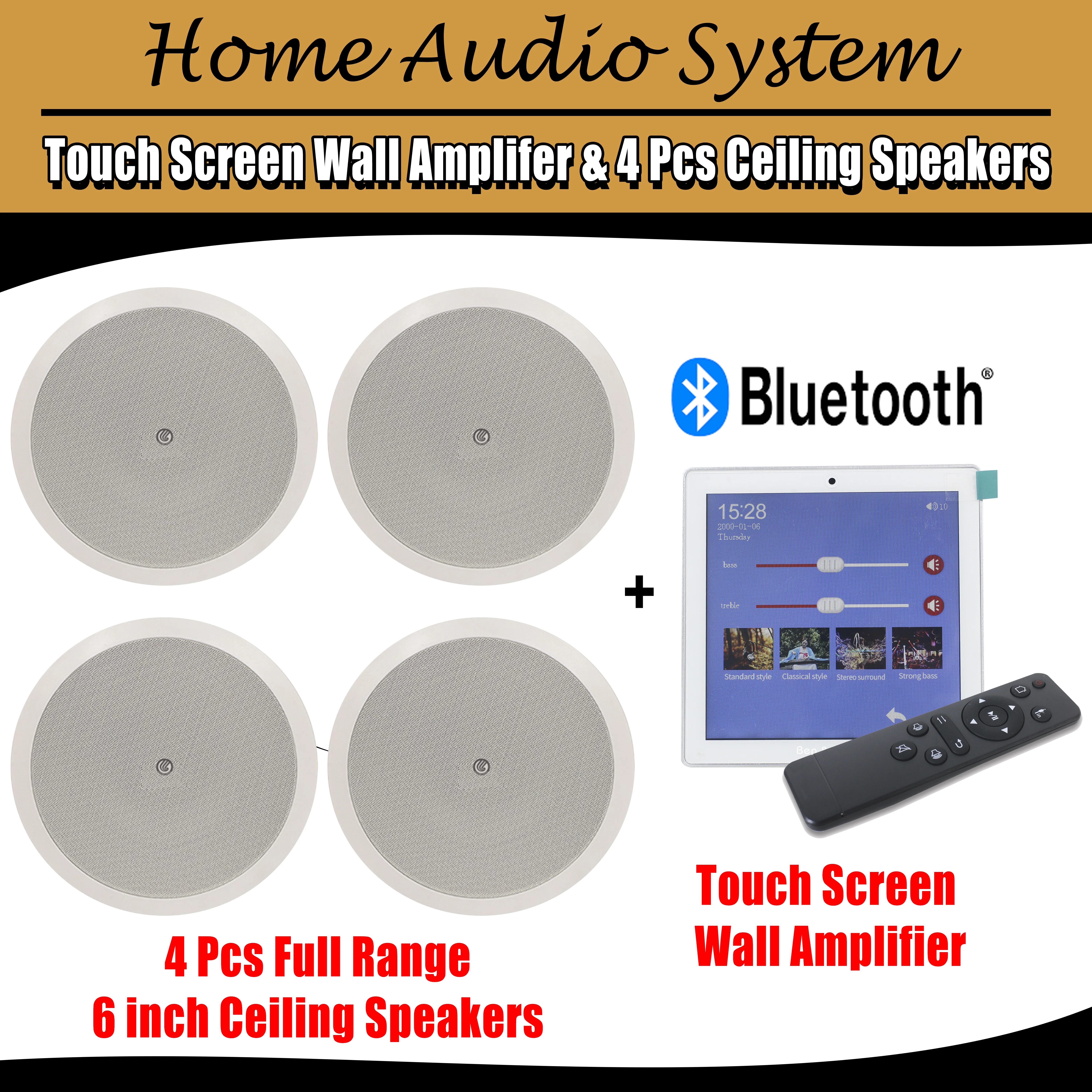 บ้าน4ช่อง25W Bluetooth Touchscreen Mini Wall เครื่องขยายเสียง4 Pcs 6นิ้วลำโพงเพดานรองรับ USB/SD/AUX/FM
