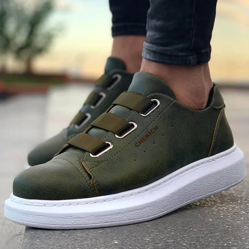 Chekich Damesschoenen & Herenschoenen Kakigroene Kleur Kunstleer Herfst en Lente Seizoenen Elastische Sluiting Instapper Comfortabele Sneakers Unisex Naaien Witte Zool Lichtgewicht Universiteit Hoge kwaliteit CH253 V4