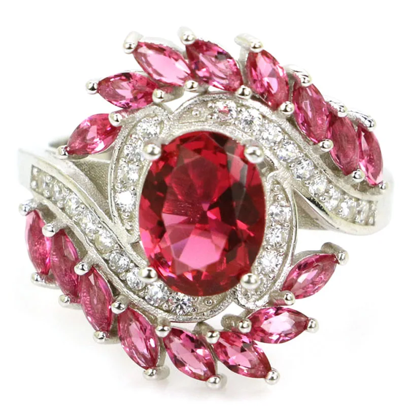 

20x19mm SheType 4.8g Created Pink Raspberry Rhodolite Garnet White Cz 925 Solid Sterling Silver Rings