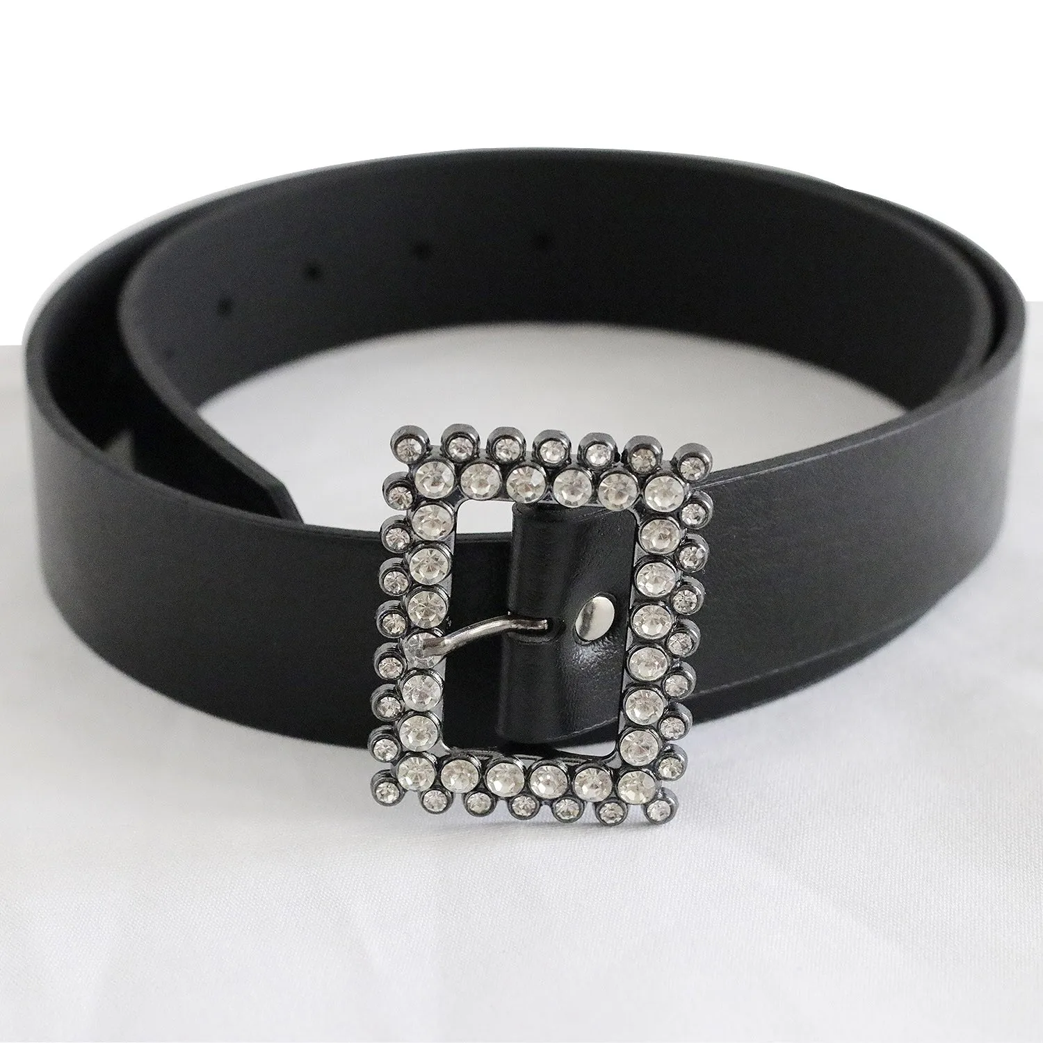 Black artificial leather stone model buckle belt