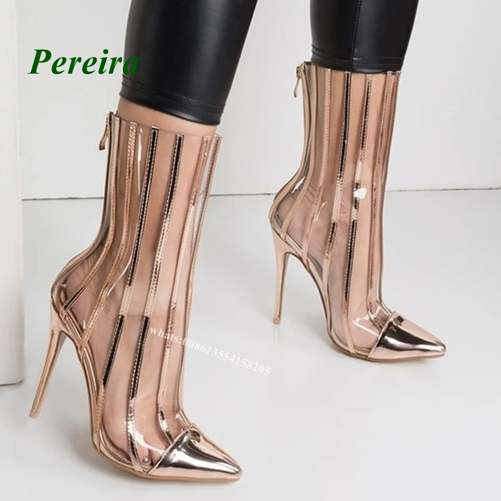 Gold Transparent Pvc Stripes Patchwork 2022 New Pointed Toe Stiletto Heels Sandals Back Zip High Heels Mid Calf Summer Women's