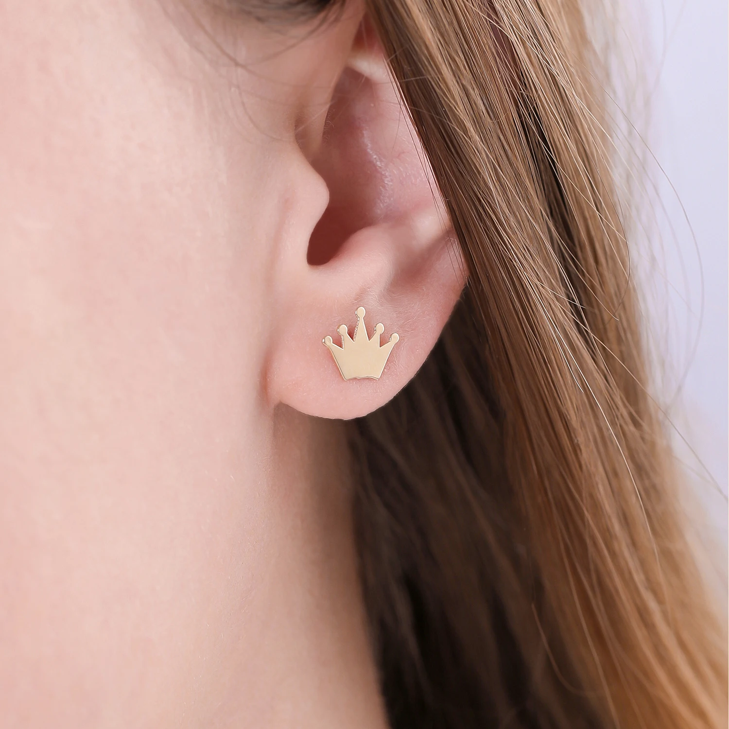 14K Pure Gold Plain Mini Crown Stud Earrings