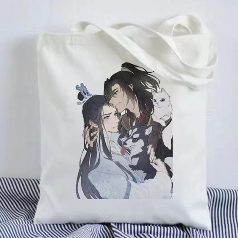 Sac à Main en Toile avec Imprimé du Dessin Animé le Husky et son Chat Blanc Shizun, Mignon, Décontracté, pour Shopping, pour Femme