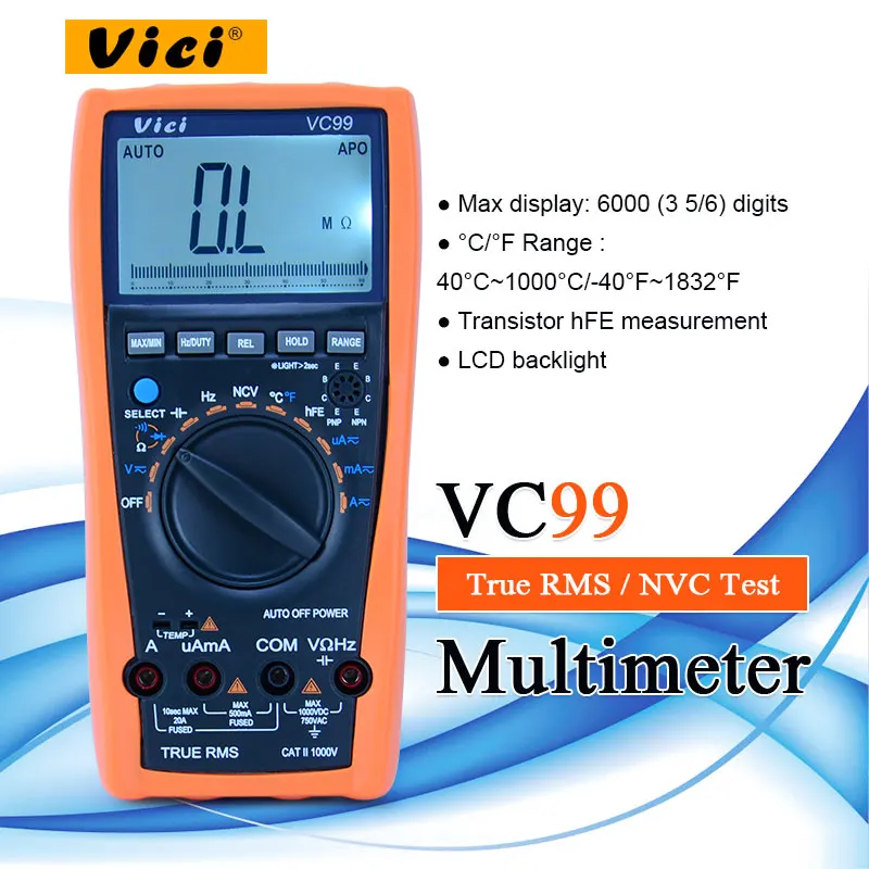 Imagem -06 - Vaqui Vc99-multímetro Digital Lcd de 1000v ac dc Resistência Capacitância Medidor Mais Termômetro de Casal Testador com Bolsa