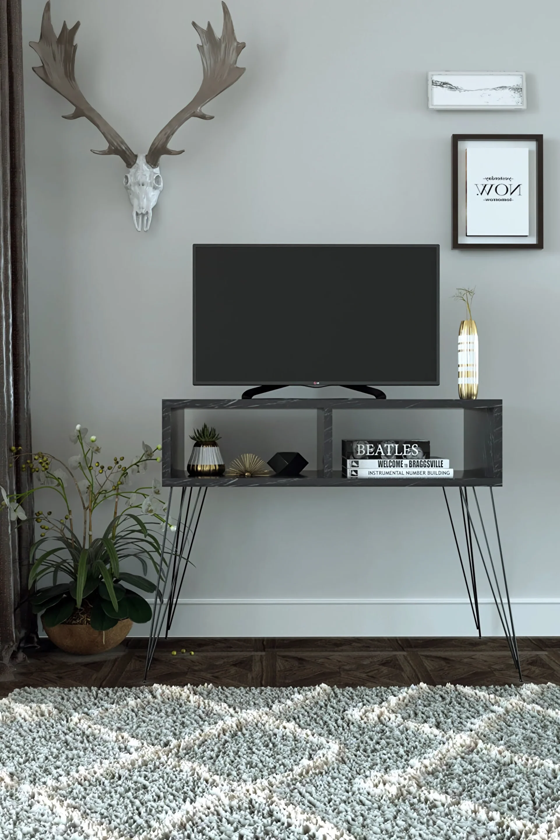 Elite Tv Stand Modern and Stylish TV Unit 18 mm Melamine Faced Chipboard Metal Pedestal Living Room Lounge Unit 1. Grade Quality