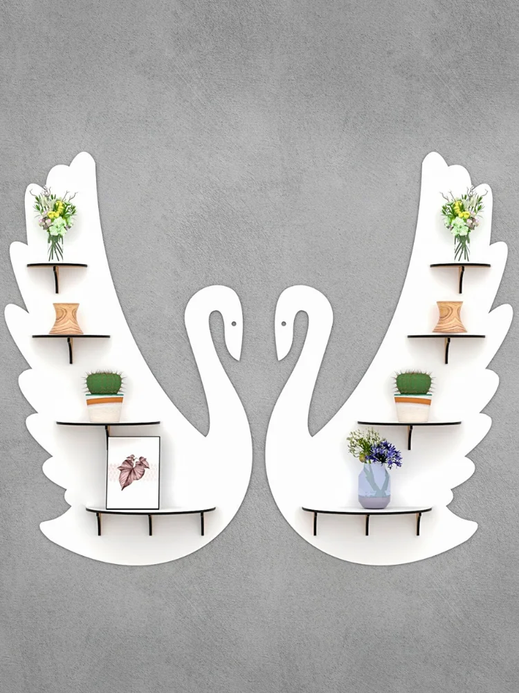 Swan Shaped 2 Pcs Wooden 8 Shelf Wall Mounted Home Indoor Art Decor Nordic Storage Rack Holder DIY Organizer Kids room Kitchen