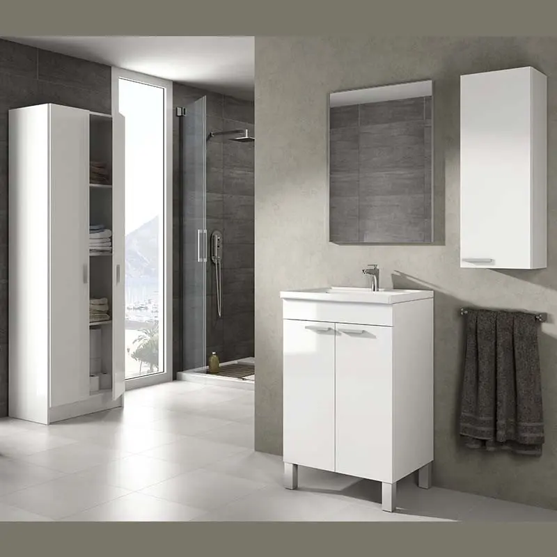 2 doors bathroom furniture Pack with mirror + wardrobe Wall + high cabinet White color (sink included)