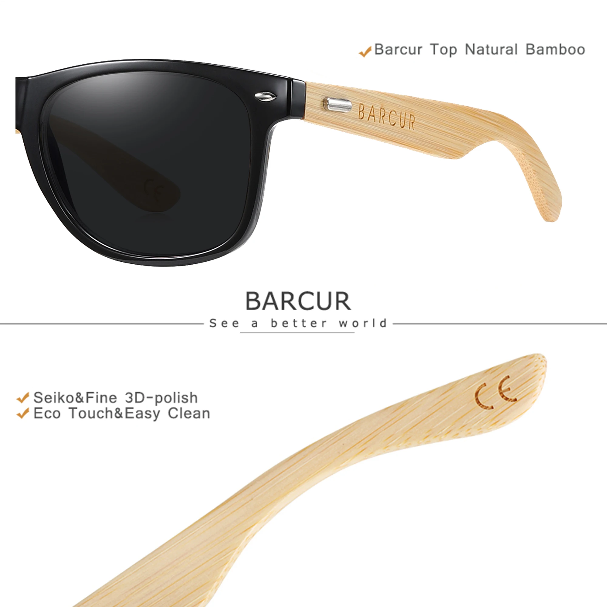 BARCUR Polarized Bamboo Sunglasses Men Wooden Sun Glasses Women Brand Original Wood UV400 Oculos De Sol