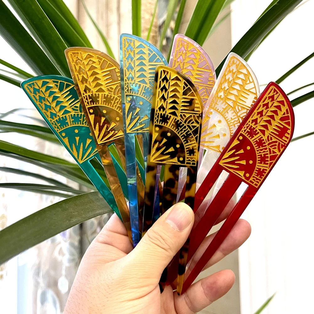 Tropical Polynesian Pacific Fashion Tribal Style Women Aceate Acrylic Hair Sticks With 7 Colors For Long Hair