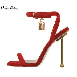 Onlymaker Metal High Heel Sandals For Women Flock Ankle Buckle Square Toe Metal Decoration Large Size Lady Sandals