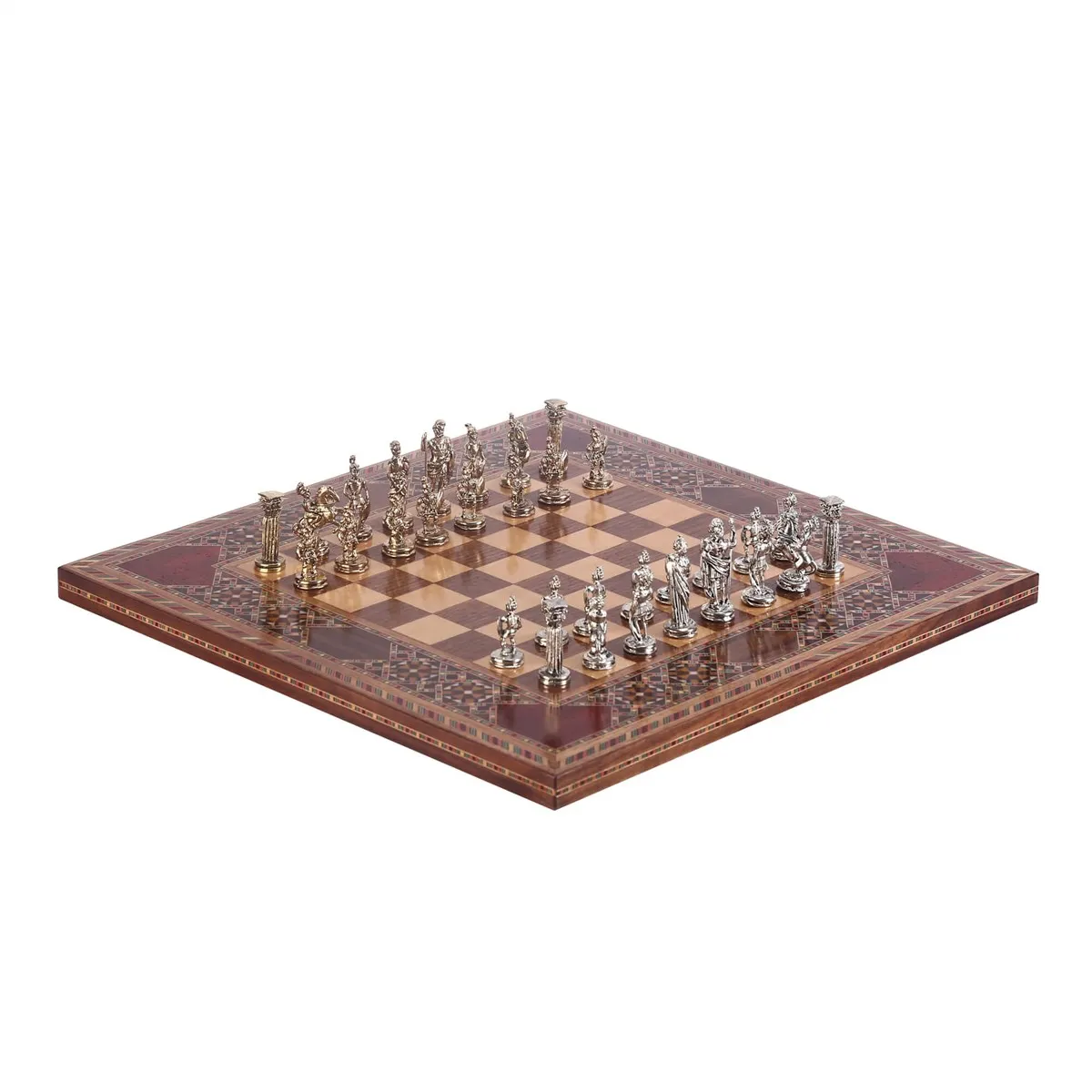 Historical Figures of Rome Metal Chess Set, Handmade Pieces, Natural Solid Wooden Chess Board Small Size King 4.8cm