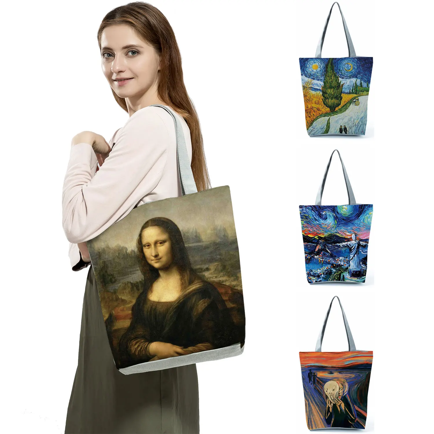 Mona Lisa Retro Art Fashion Travel Tote Bags Van Gogh Oil Paint Handbags Women Leisure Eco Foldable Shopping Bag Custom Pattern