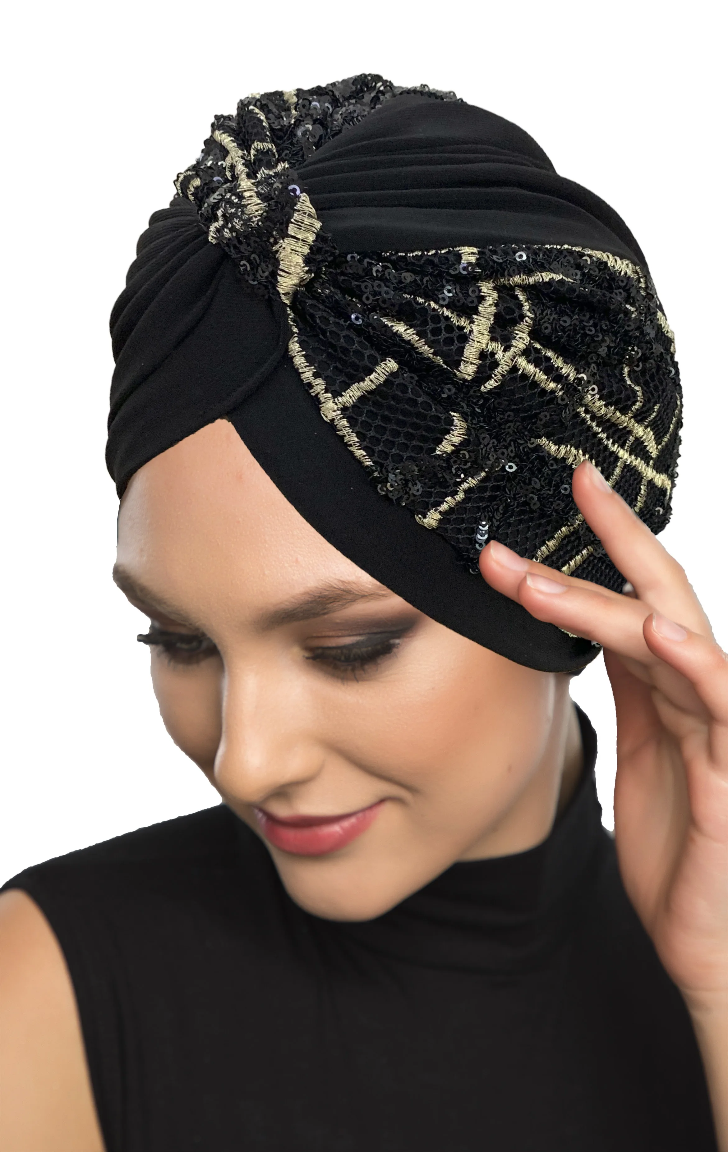 

2022 New Fashion Sequin Mesh Ethnic Patterned On Black Ready Made Turban Hijab Bonnet Scarf Cancer Cap Special Women Product Beret Muslim Liner Chemo All Season Rib Lame Pearl Bead Custom Design