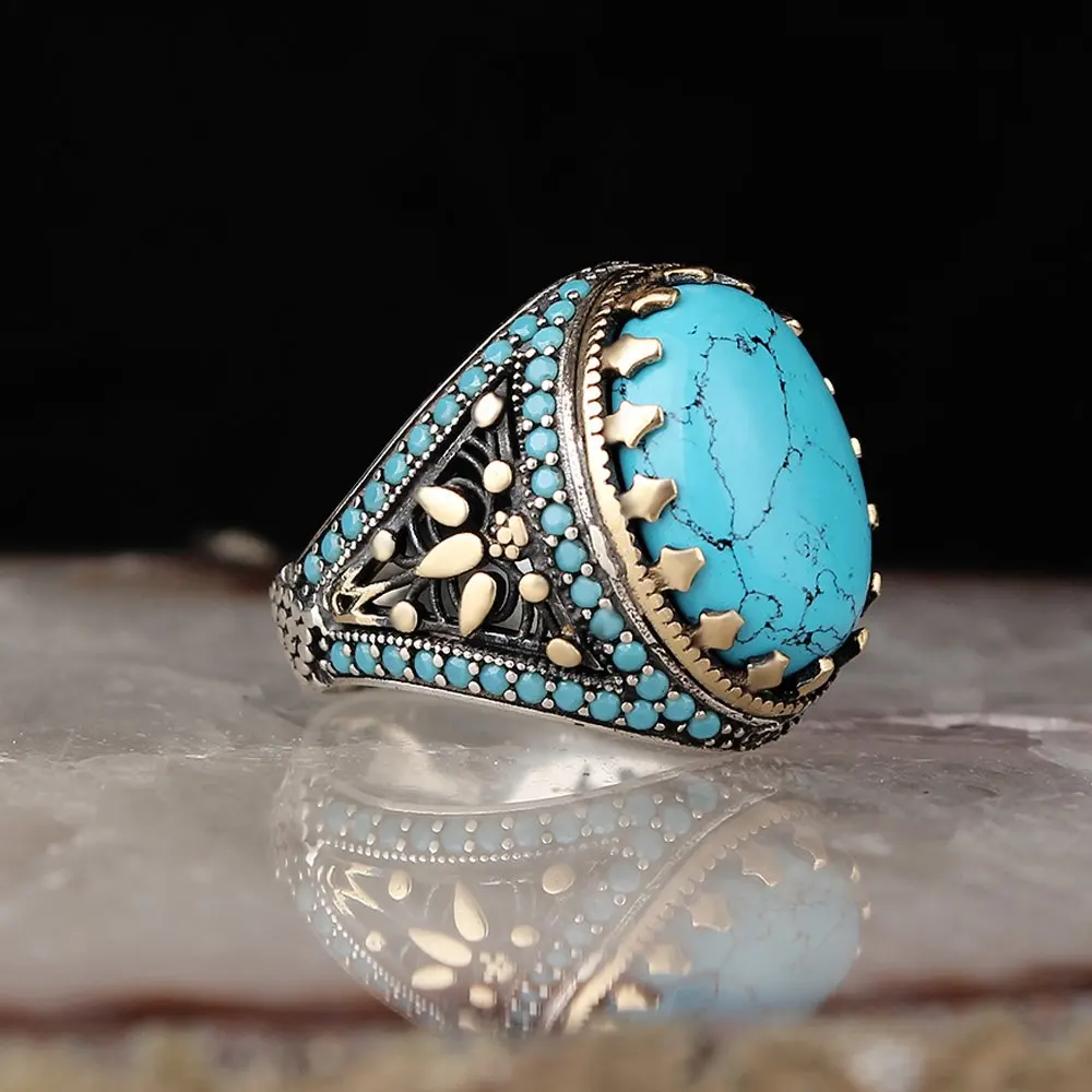 Real Pure 925 Sterling silver ring real turquoise stone hand made made in turkey luxury and trendy model vintage style model