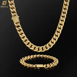 18k Gold Plated Chunky Necklace High Polished Stainless Steel Miami Flat Curb Cuban Link Chain For Men