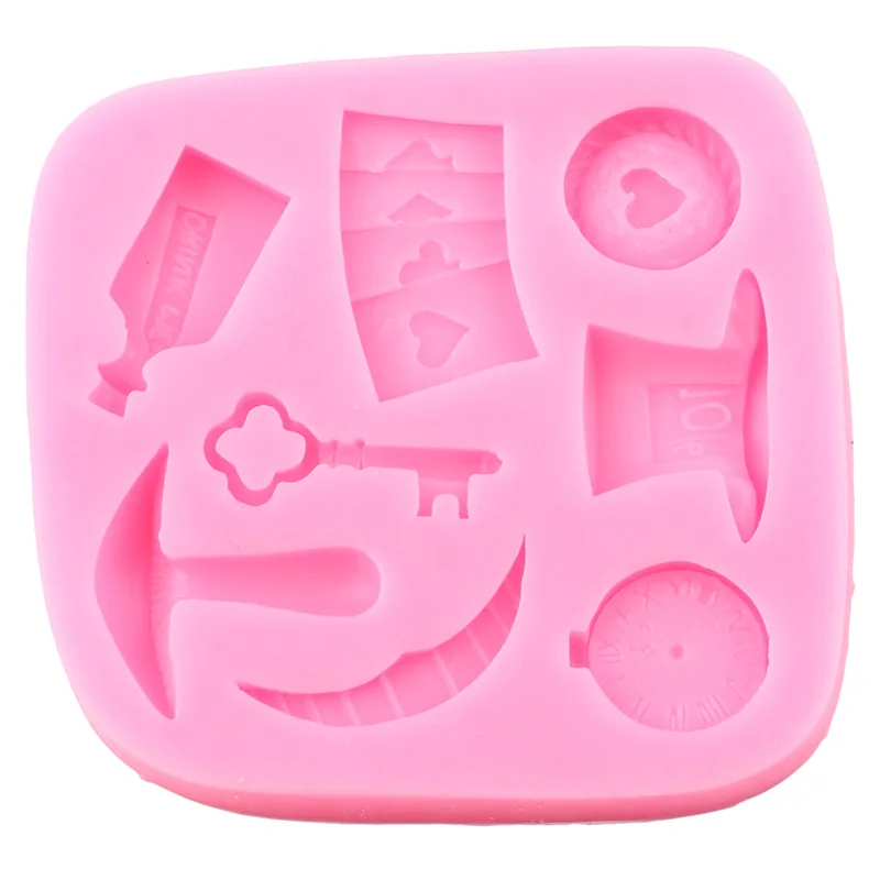 Alice Wonderland Silicone Mold Poker Magic Clock Key Fondant Molds Cake Decorating Tools Candy Clay Chocolate Gumpaste Moulds