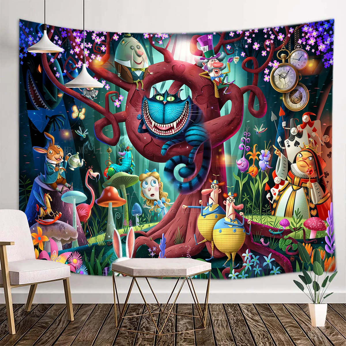 Fairytale Fantasy Wonderland Trippy Grinning Face Cat Magic Forest Cartoon Creative Tapestry By Ho Me Lili For Home Wall Decor