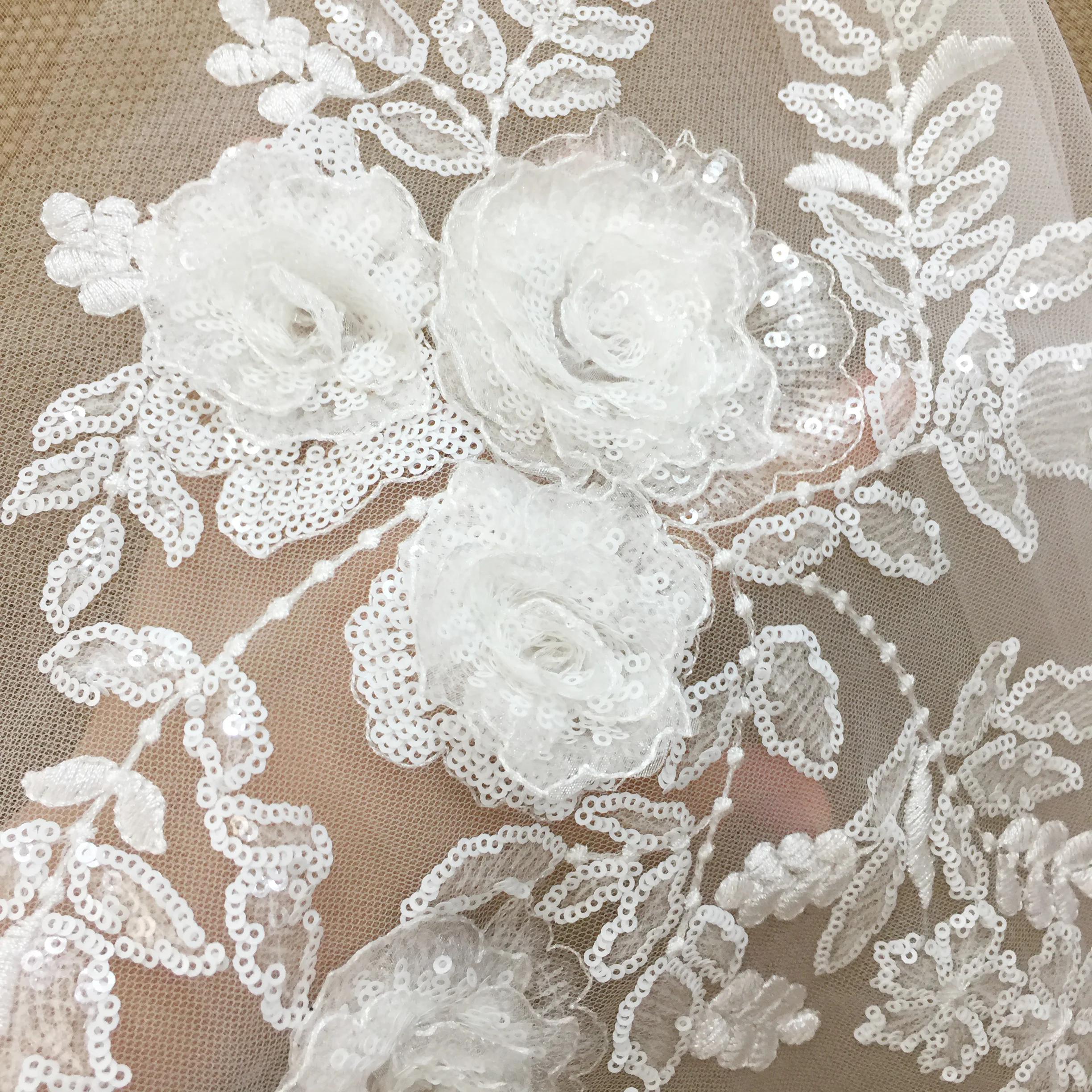 4 Pieces  Graceful 3D Lace Flower Applique , Dense Sequin Lace Motif for Dance Costumes Doll Dress Flower Girl Dress Craft DIY