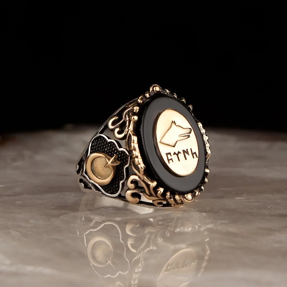 Crescent Göktürkçe Turkish Written Onyx Gemstone 925 Sterling Mens Silver Ring