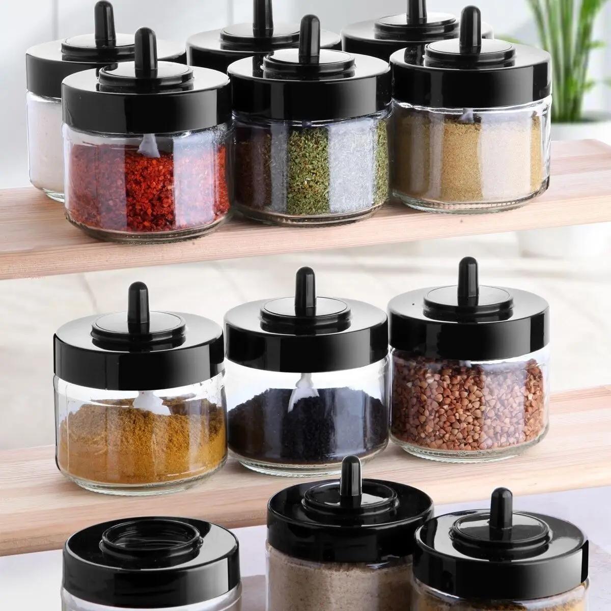 12 PCs Cover Self-Spice Rack Set-300 ml-Glass Jar With Spoon Dining Accessories Kitchen Supplies Organization