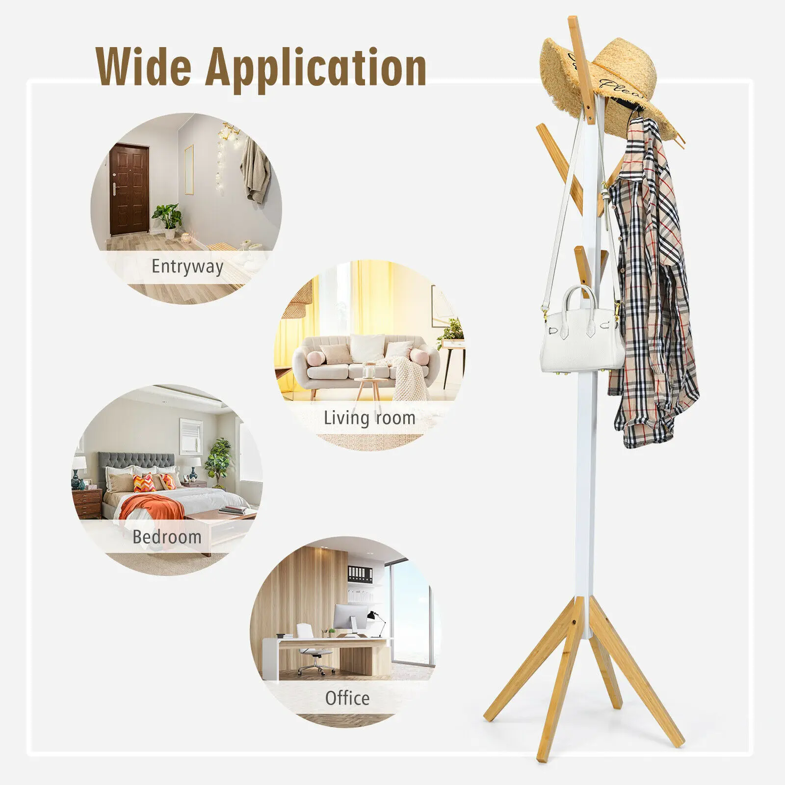 Costway-Bambu Independente Coat Rack Stand, Hall Tree Hanger, Organizador com 6 Ganchos