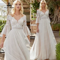 Vintage Beach Tulle Wedding Dresses with Tulle Bell Sleeves Elegant V-neckline Bohemian Lace Bridal Gowns vestido de casamento