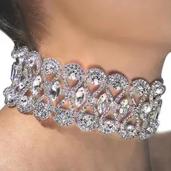 Statement Silver Color Big Crystal Stone Necklace Choker for Women INS Fashion Bling Rhinestone Bib Collar Necklace Jewelry