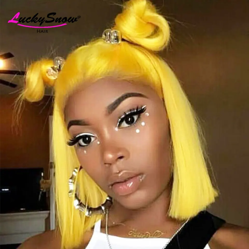 

Transparent 13x4 Lace Frontal Wigs Bright Yellow Straight Short Bob High Quality Brazilian Human Hair Wig 180% Density For Women