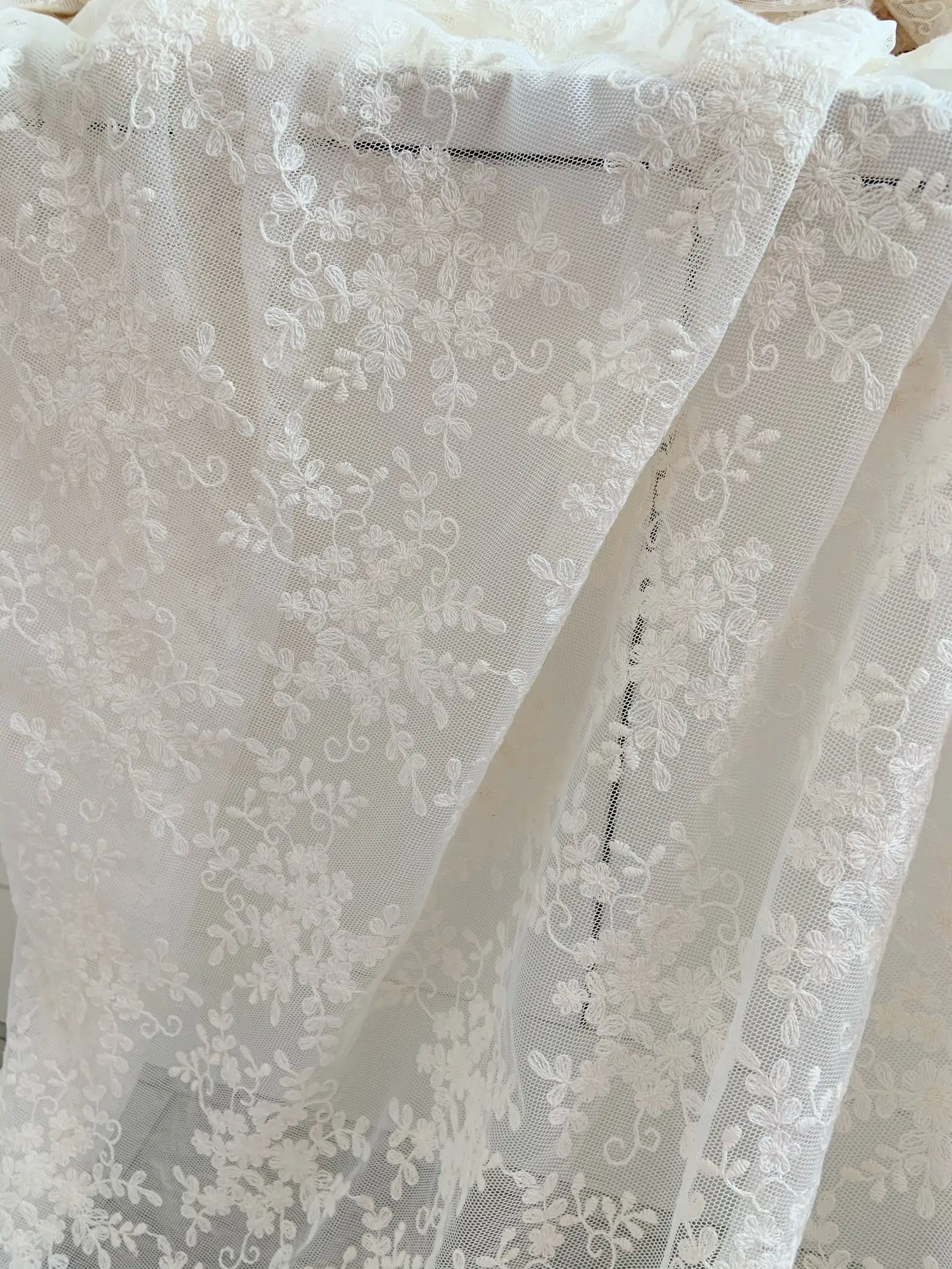 3 Yards Soft Ivory Embroidered Tulle Lace Fabric With Elegant Florals Fabric Clothes Dress Accessories WS-415