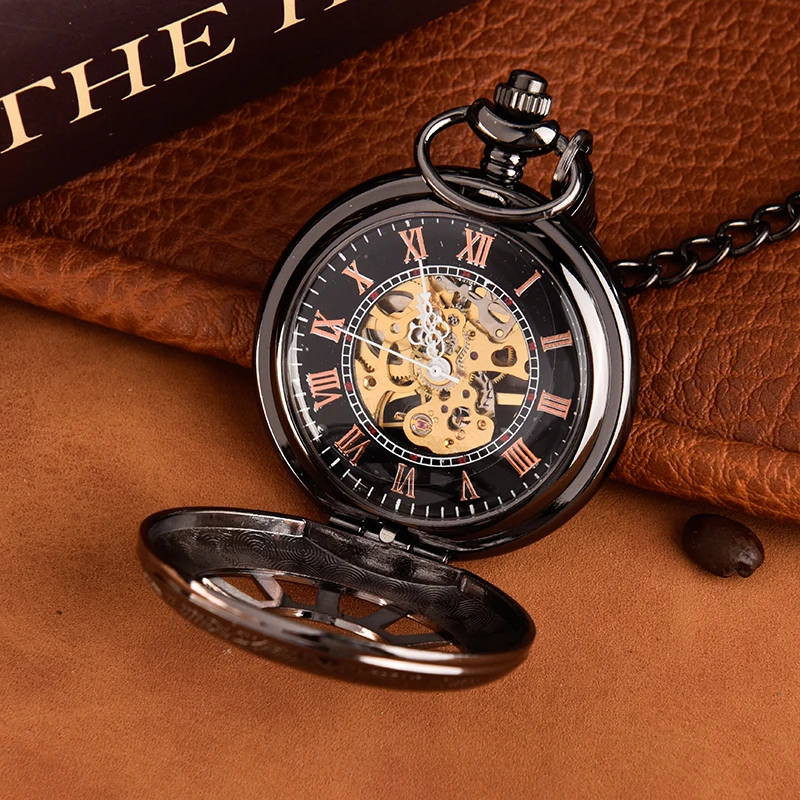 Hanging watch Large chain hollowed-out wheel black pocket watch Roman scale black mechanical pocket watch