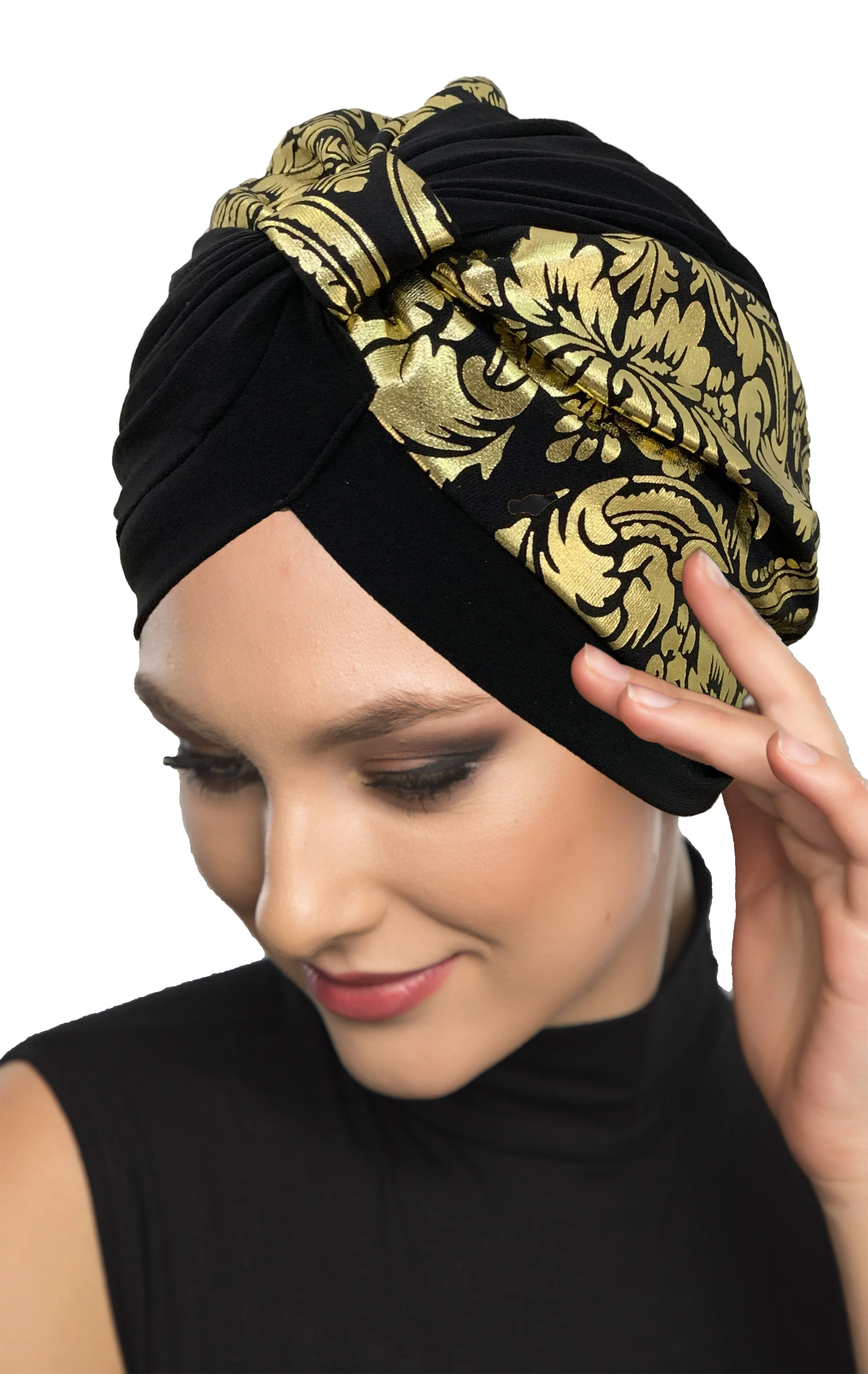 

2022 New Fashion Gold Ottoman Pattern On Black Ready Made Turban Hijab Bonnet Scarf Cancer Cap Special Women Product Beret Muslim Liner Chemo All Season Rib Lame Pearl Bead Custom Design