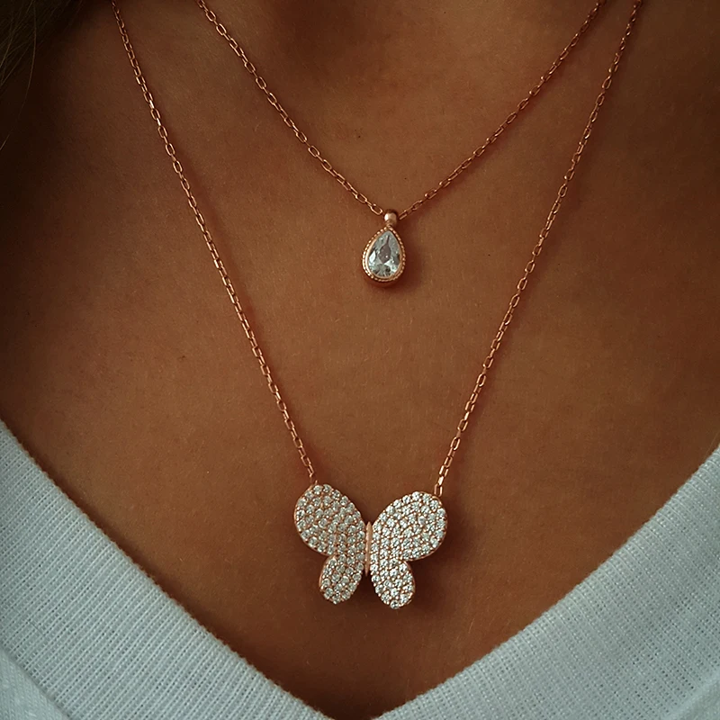 Butterfly Pendant Necklace Butterfly Charm Layer Women Necklace 925 Sterling Silver Chain Necklaces Trendy Jewelry Accessories