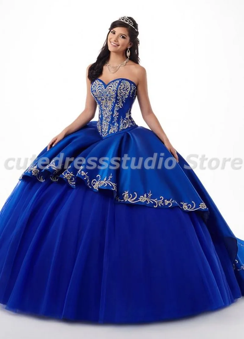 Charro-Vestidos De quinceañera azul real para mujer, Vestidos De baile De satén con bordado, dulce vestido De 16 Años, Vestidos brasileños XV