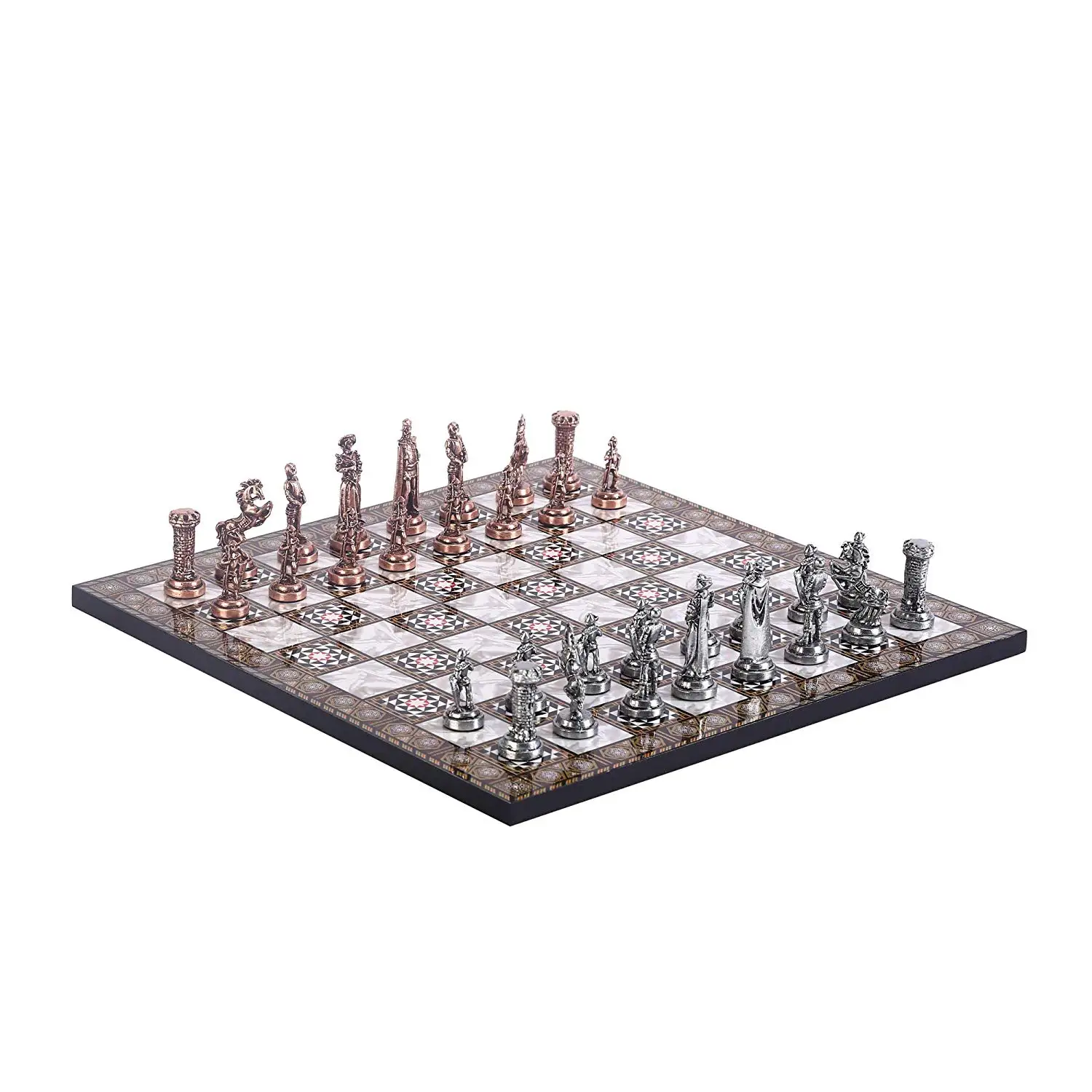 Medieval British Army Antique Copper Metal Chess Set,Handmade Pieces,Mother-of-Pearl Patterned Wood Chess Board King 7 cm