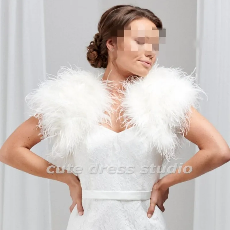 Elegant Blush Pink Ostrich Feather Bridal Bolero Custom Made Ivory Wedding Jackets For Women Short Sleeve