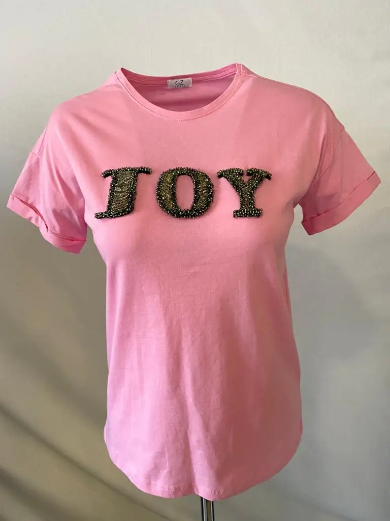 2022 Summer Handmade Joy Letter Embroidered High Quality Cotton Pink Women Casual T-Shirt