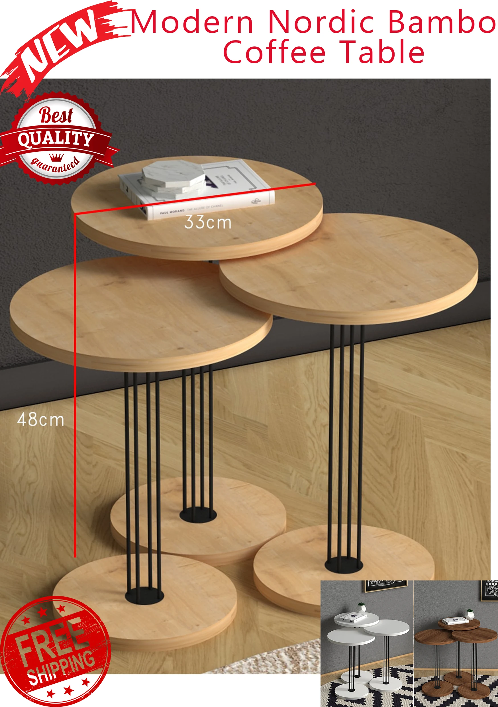 Triple Nesting Table Office Furniture Coffee Wooden Metal Legs Decorative Round Design Nordic Snack Sofa Living Room Modern Wood