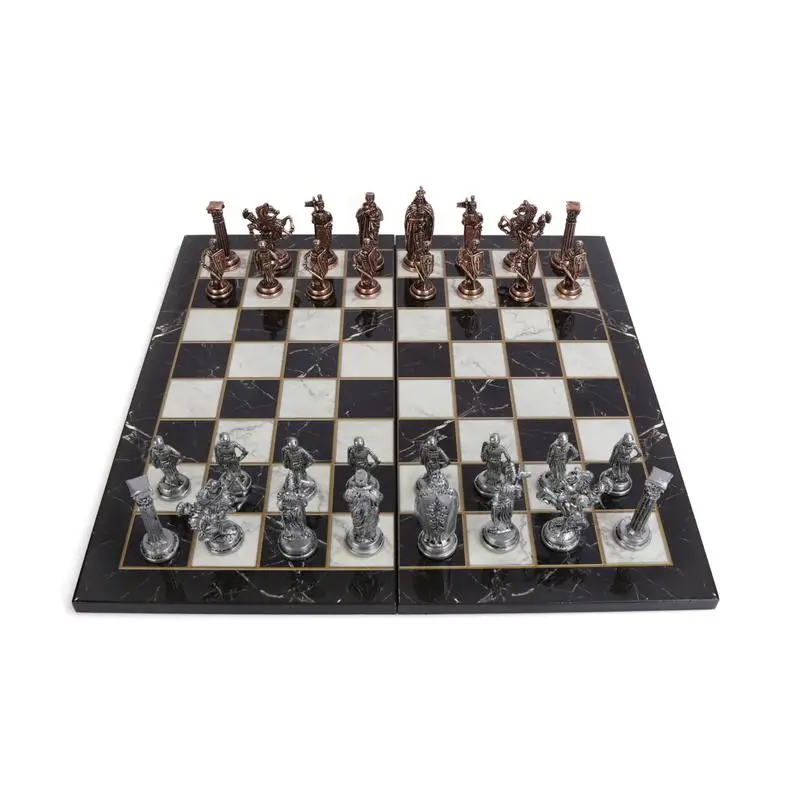 Royal British Army Antique Copper Metal Chess Set for Adults, handmade Pieces and Marble Design Wood Chess Board King 8 cm