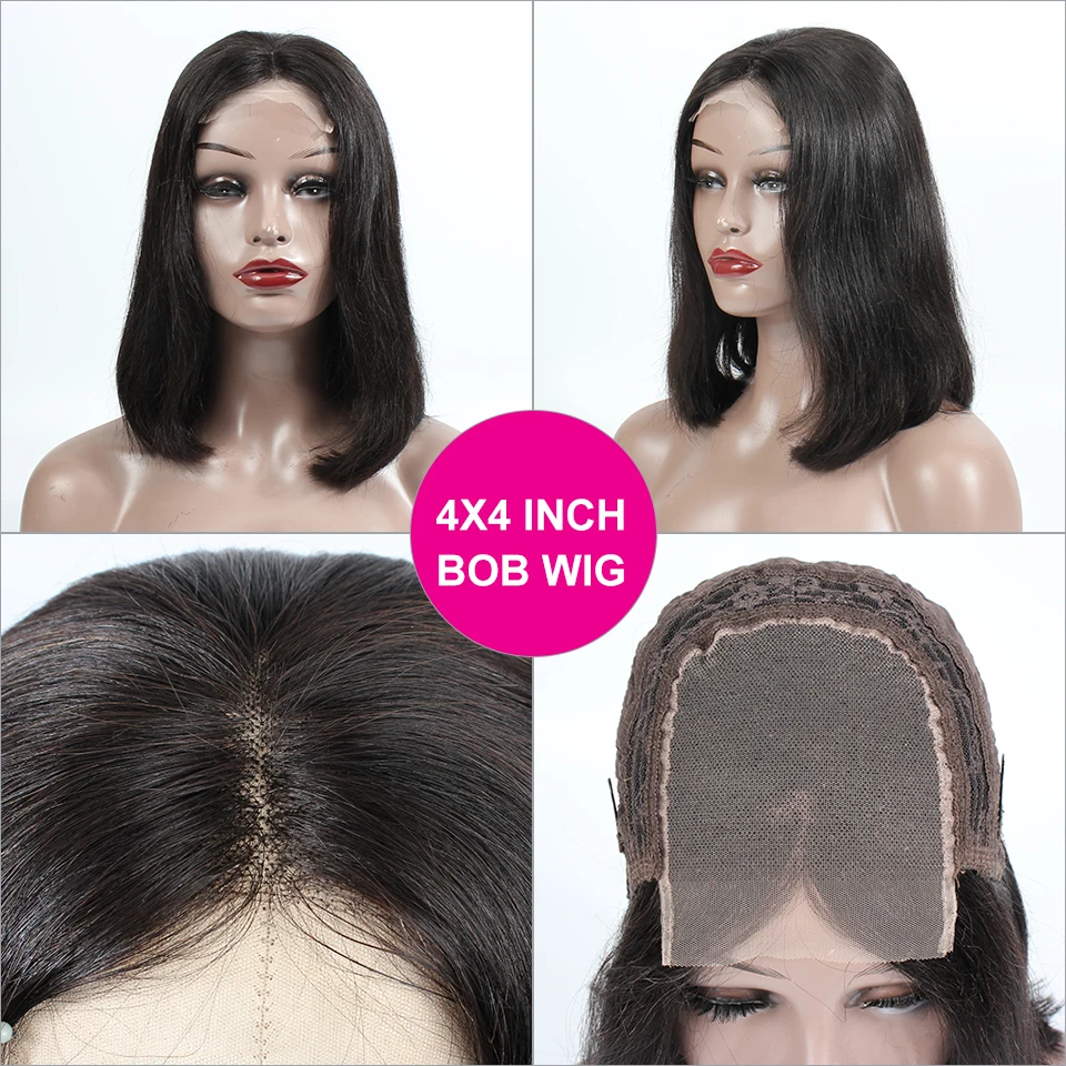 Pelucas de cabello humano brasileño con cierre de encaje 4x4 para mujeres negras, corte Bob corto, liso, predespuntado, encaje suizo, 150% de densidad, Remy