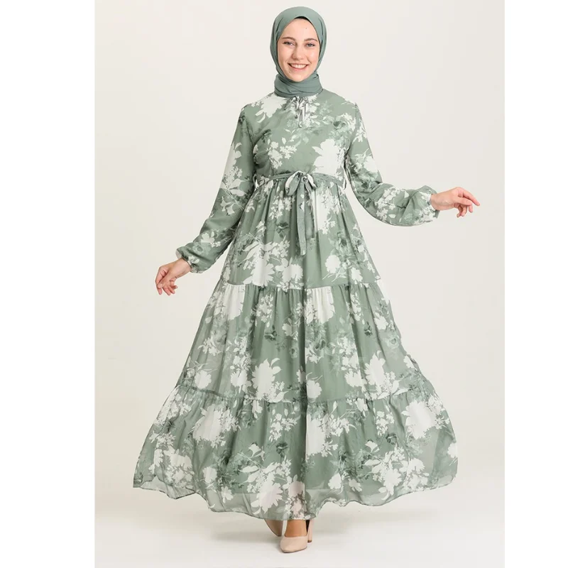 

Muslim Women's Pleated Floral Pattern Long Dress Loose Waist Casual Summer Belted Long Elastic Sleeves Ruched Collar