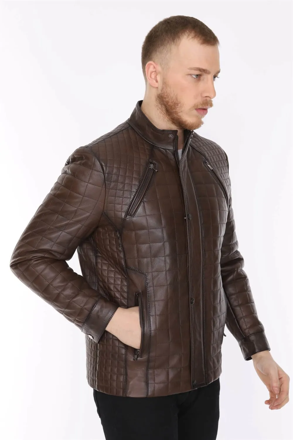 Skórzana kurtka męska sport model oryginalny lambskin brązowy kolor softy 2022 trend wygląd wykonane w turcji e-150185