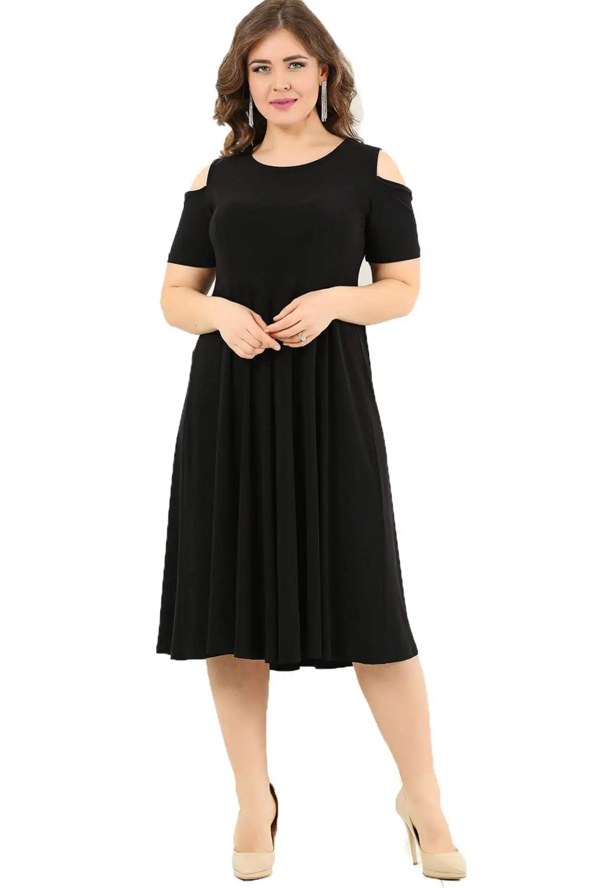 Angelino Lycra Plus Size Mini Sandy Dress With Slit Shoulder Black Violet Sleeveless Short Length Flexible Modest Gown For Women