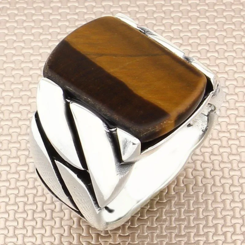 SILVERFONI Real 925 Sterling Silver Ring For Men Stylish Jewelry Fashion Tiger Eye Stone Gift Male Accessories All Size 2021