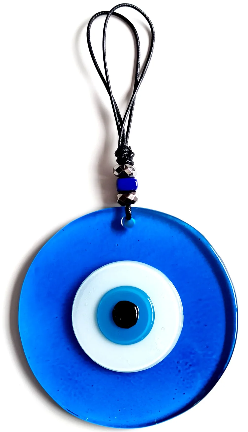 Blue Clear Glass Wall Ornament With Evil Eye Bead Handmade Leather String