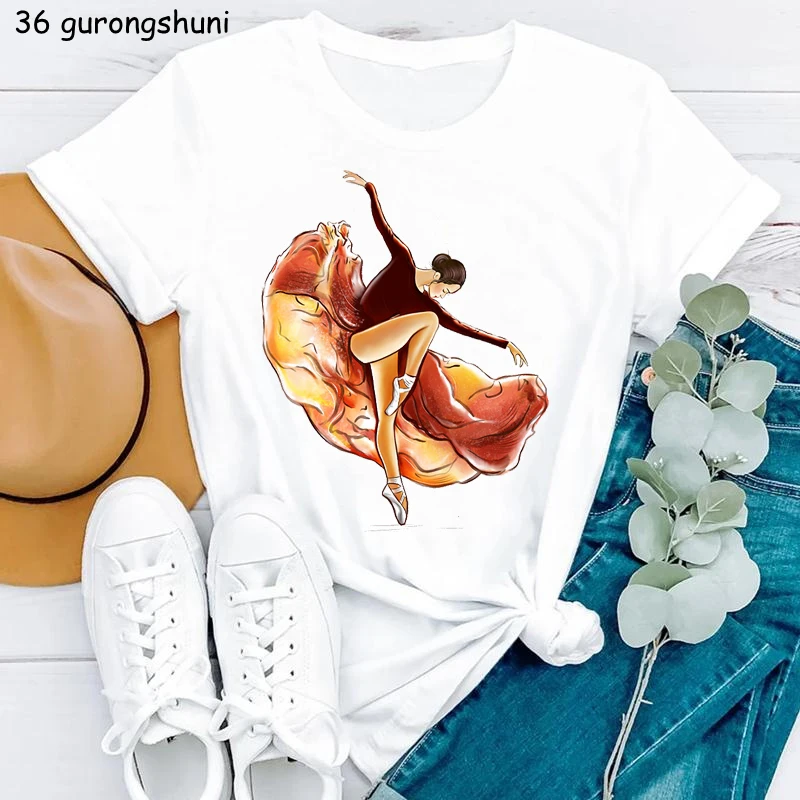 T-Shirt damski w stylu Vintage akwarela baleriny tancerz T-Shirt z nadrukiem Femme estetyczne ubrania letnia koszulka z krótkim rękawem — zdjęcie 5